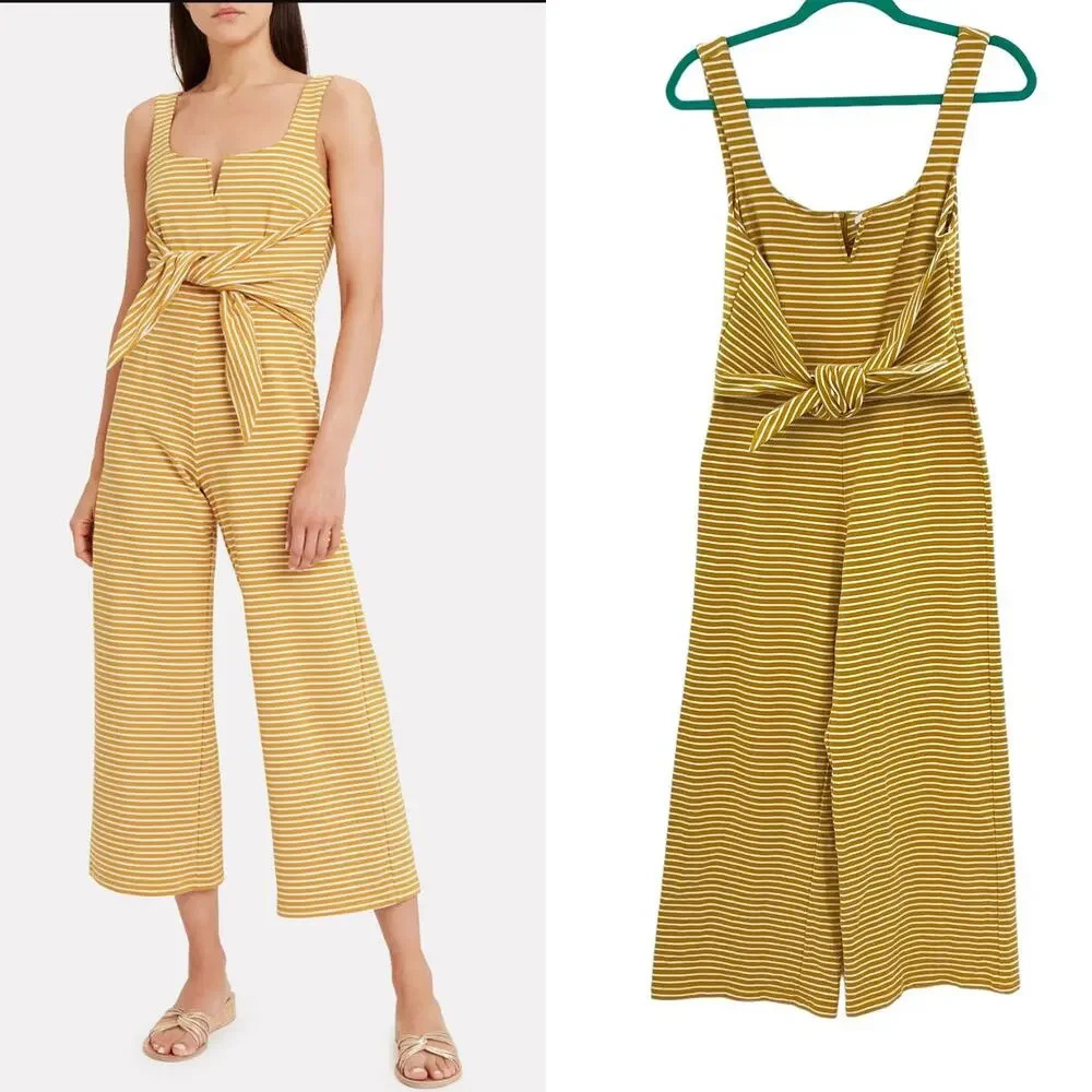Saylor Heathe Striped Jumpsuit Yellow White Stripe Wide Leg Tie Front Size Small